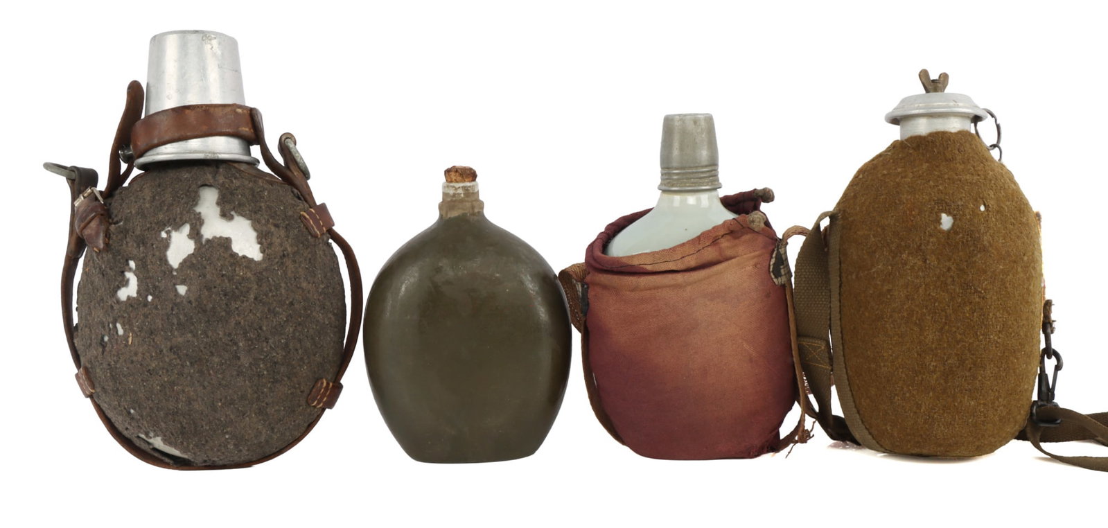 4 MILITARY CANTEEN LOT JAPAN SWISS ISRAEL: One is green ceramic stamped T828, 6 3/4 inches, Swiss has marked strap, Japan ceramic, possible last ditch has non working compass on stopper, and bottom of bottle is marked, and the Israeli has stra