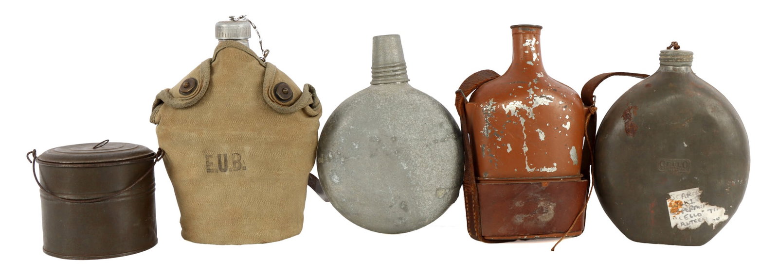 5 MILITARY CANTEEN LOT CELLO BRAZIL FRANCE MESS: Covered Brazil canteen stamped E.U.B., Cello maker stamped ,French, and Mess container. All good original condition.