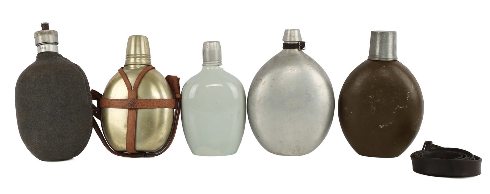 5 MILITARY CANTEEN LOT JAPAN COMPASS NETHERLAND: Includes a Japanese with working compass top, marked stopper and base Japanese ceramic canteen , nice covered Netherlands canteen, and a Portugal canteen, also a French strap, all very good original c
