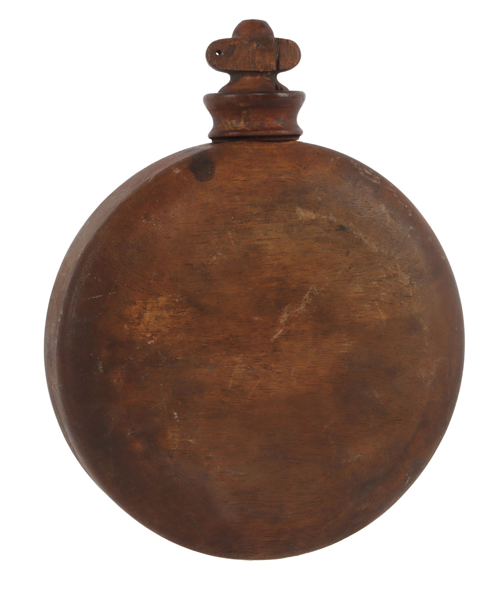 ANTIQUE MILITARY WOOD DRUM SMOOTH SIDE CANTEEN: Very good original condition 7 1/4 x 8 inches, screw stop.