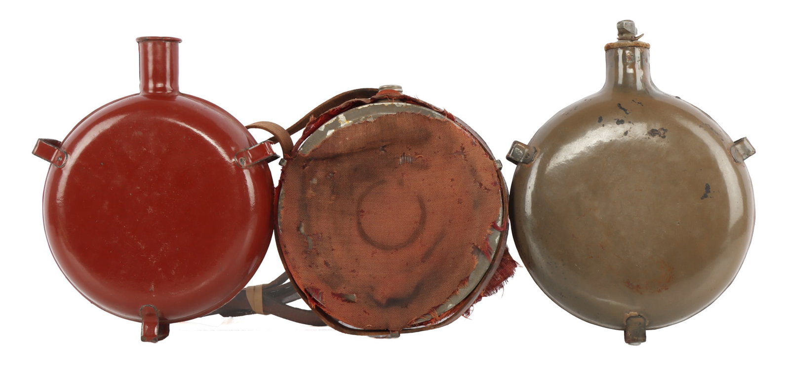 3 MILITARY CANTEEN LOT INDIAN BRITISH ITALIAN: Early 19th century canteens , 2 with stoppers , 1 with strap