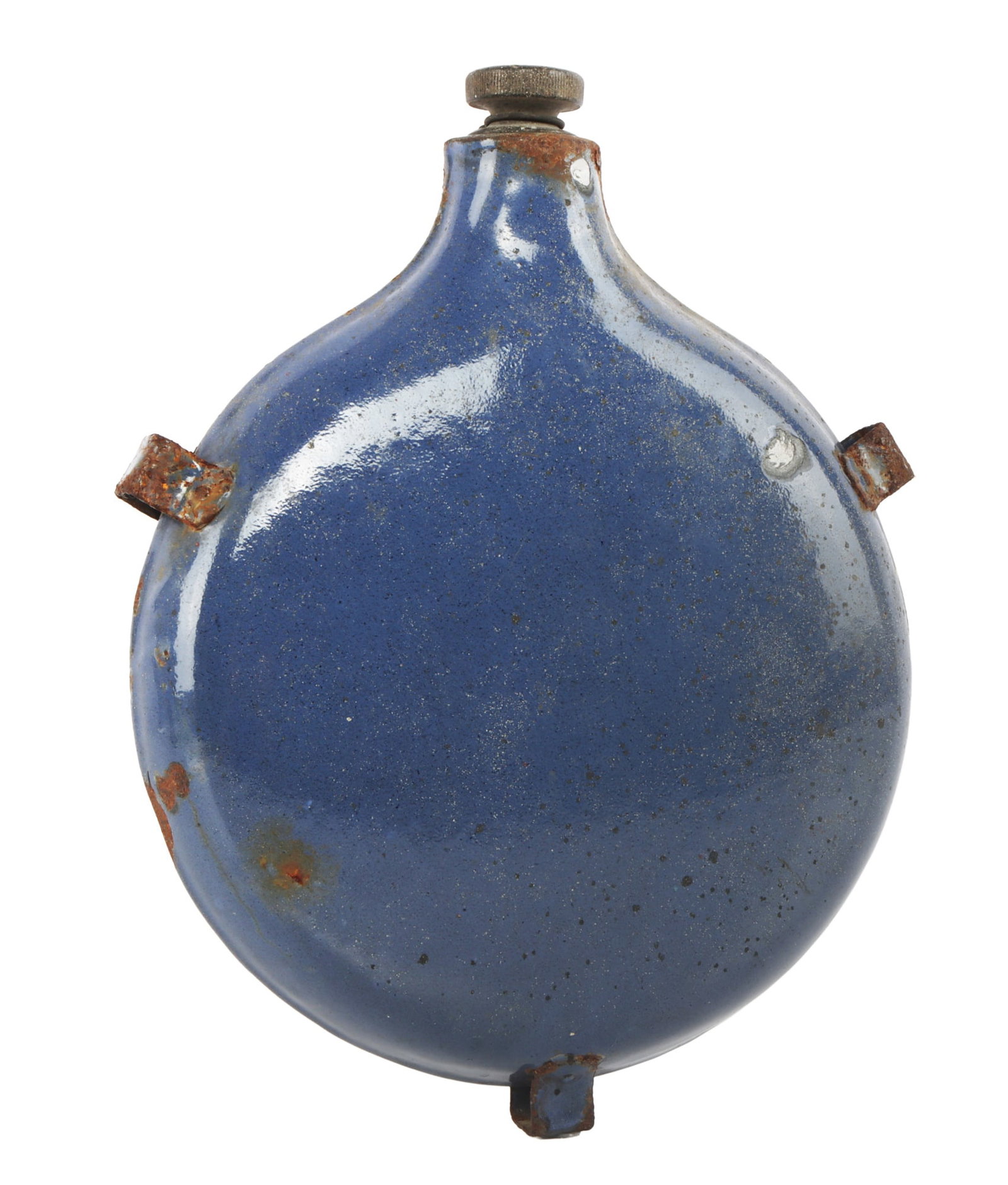 WAR DEPT. & BROAD ARROW STAMPED BRITISH CANTEEEN: Boer War period, cobalt enamel canteen, WD and Broad Arrow stamped on stopper and collar
