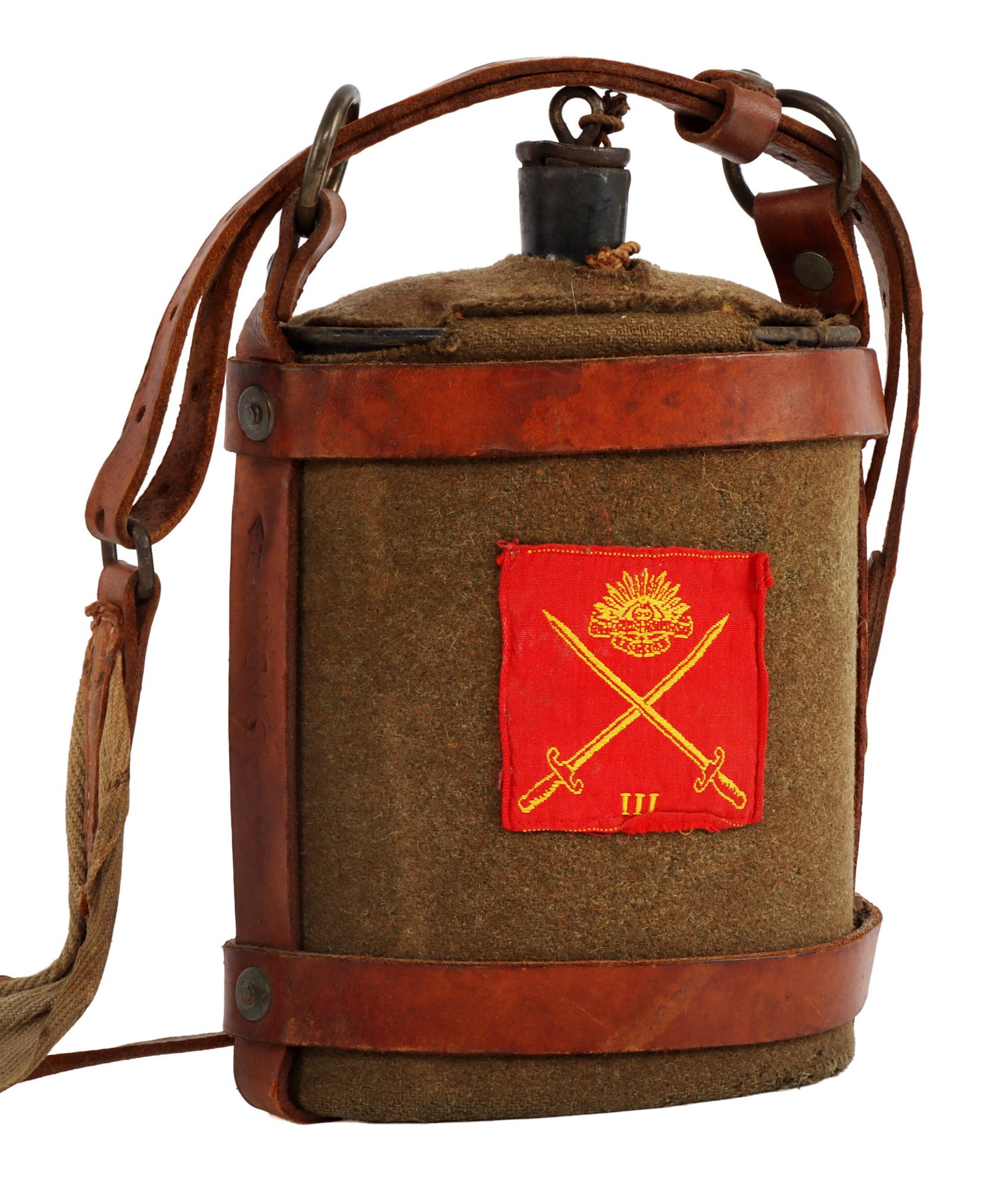 WWII BRITISH OR AUSTRALIAN MILITARY CANTEEN: Strap on left side is broad arrow stamped between DD and 1942 dated, has unit patch on front. Very good original condition.