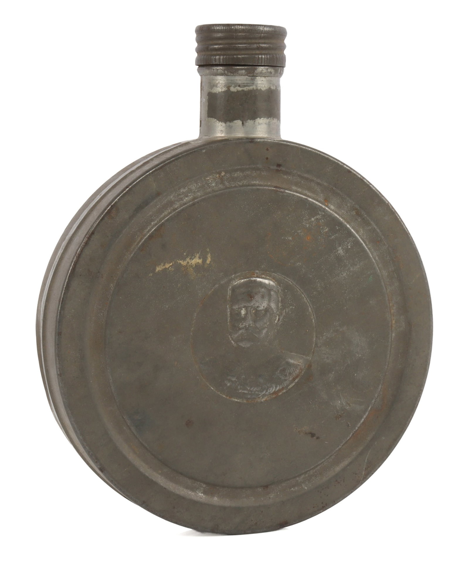 ANTIQUE GERMAN CANTEEN HINDENBURG IMAGE ON FRONT: Smaller 5 x 6 inch canteen, screw stopper, image of Hindenburg on front.