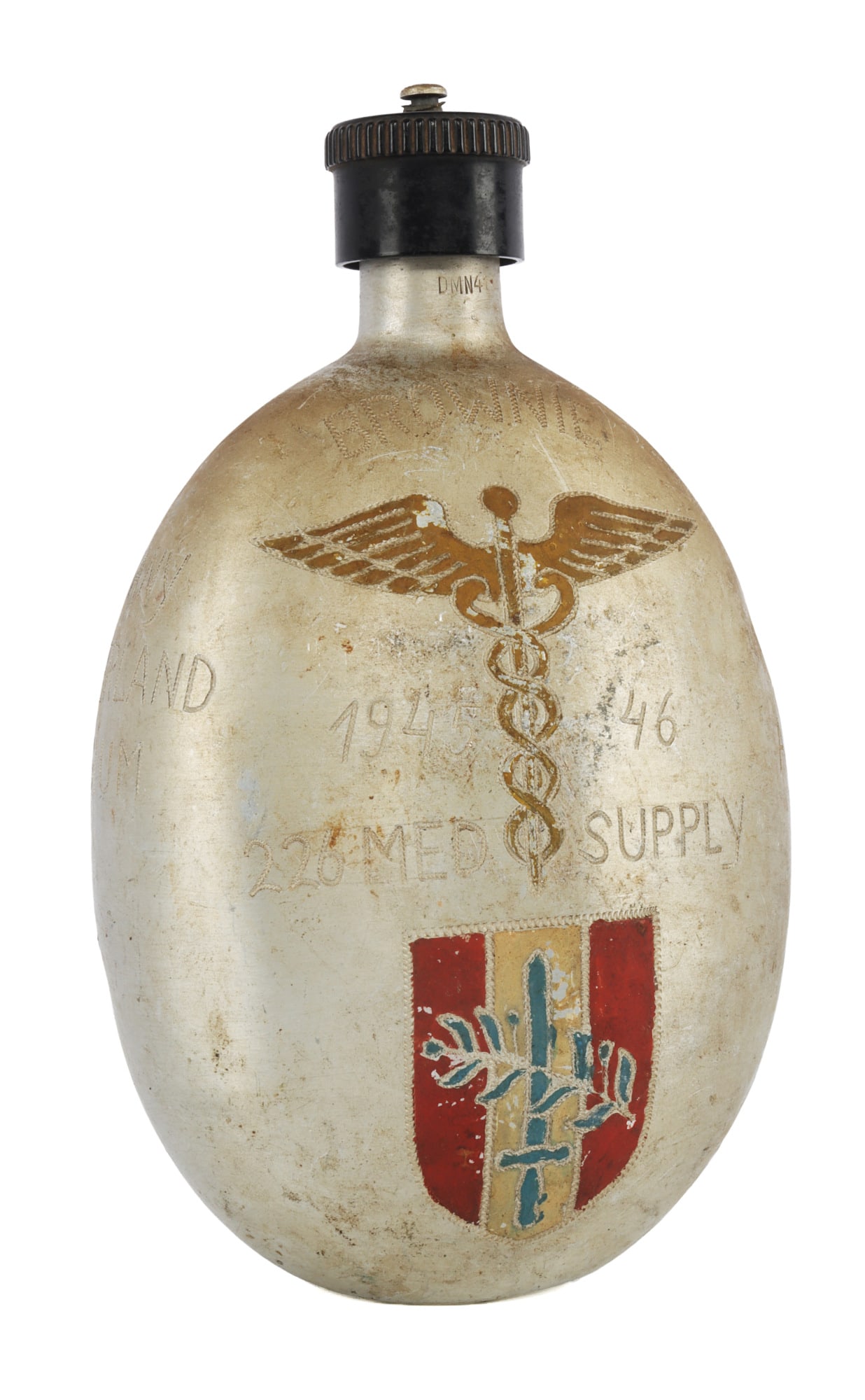 WWII GERMAN THIRD REICH ETCHED CANTEEN: A canteen for the Wehrmacht, with 'DMN41' printed on neck. The etching reads 'Brownie 1945-1946 226 Med Supply' on one face, 'Salzburg, Austria' on the other and reads France, Austria, Germany, Switze