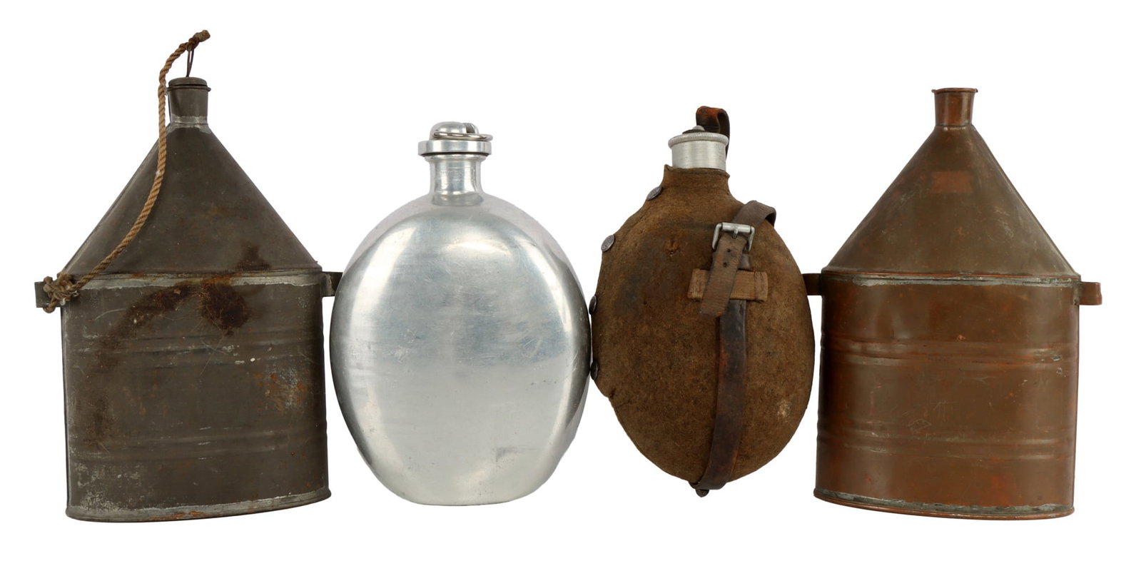 4 CANTEEN LOT GERMAN PARATROOP MINER LANDERS: Two Miner's water canteens, no stoppers, covered German Paratroop canteen, WWI 1914 Lander's U.S. Army canteen.