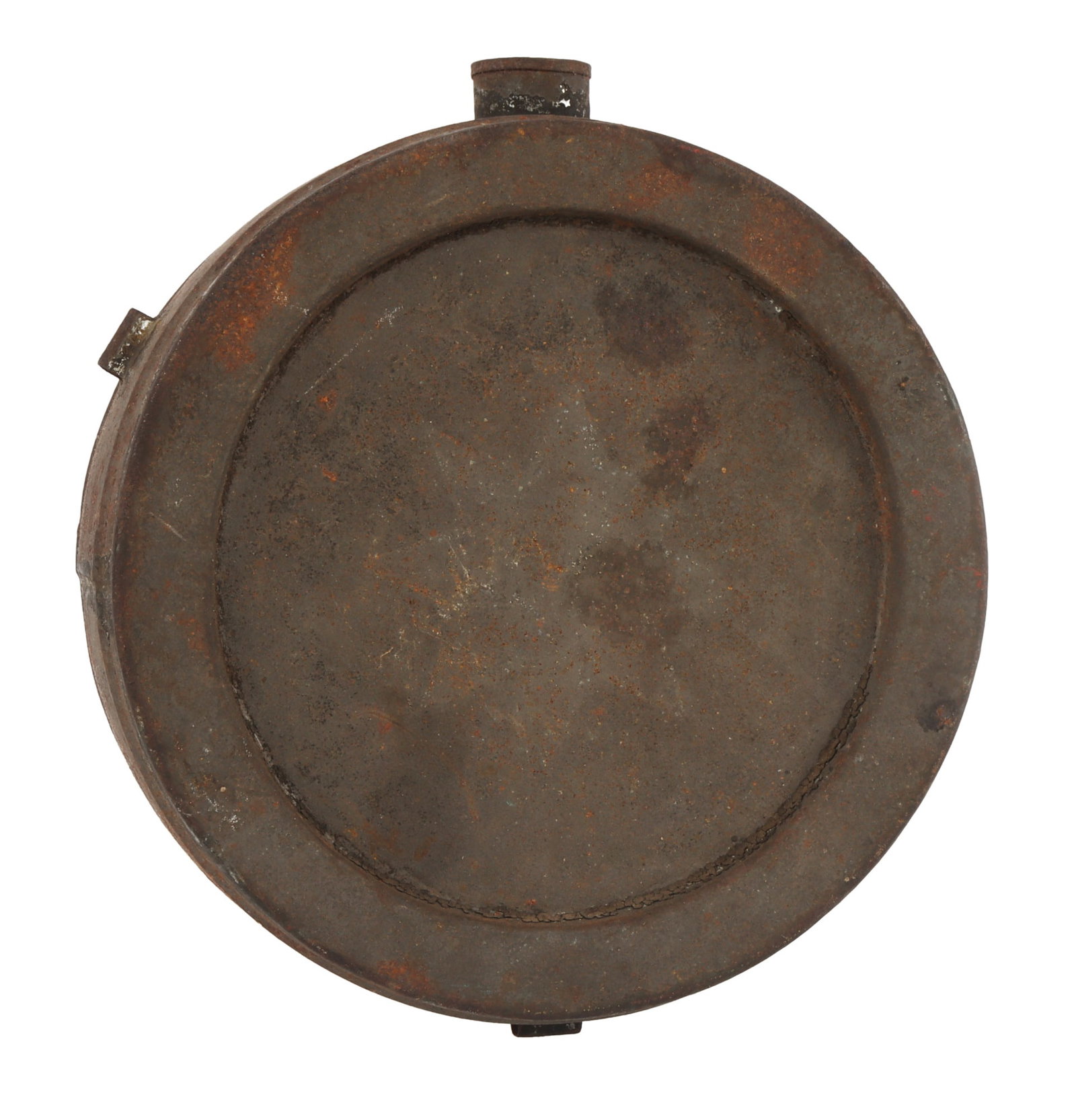 REVOLUTIONARY WAR METAL CANTEEN: Without strap or stopper, measures 5 1/2 x 5 1/2, smaller, appears to have been painted black at one time.