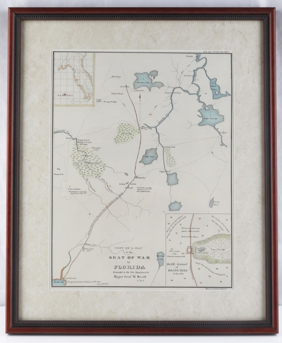 US INDIAN WARS MAP OF THE SEAT OF WAR IN FLORIDA: Indian Wars, Seminole Wars framed map, titled "Copy of a Map of the Seat of War in Florida, Forwarded to the War Department by Major Genl. W. Scott, U.S.A" Marked upper right "Mil. Aff.. No 738 Vol. V