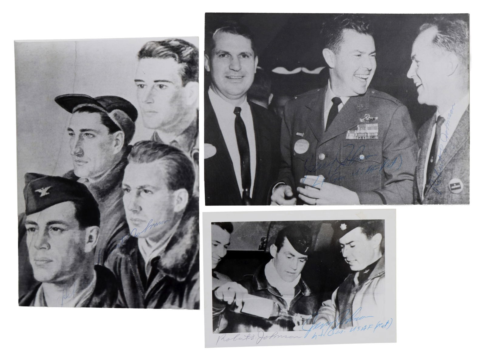 WWII US ROBERT JOHNSON HOWARD ZEMKE AUTOGRAPHS: Three photos, each with signatures, involving WW2 aces Robert Johnson, Gerald Johnson, and Hubert Zemke. 1) A photo signed by Robert Johnson and Hubert Zemke. 2) A photo signed by Robert Johnson. 3) A