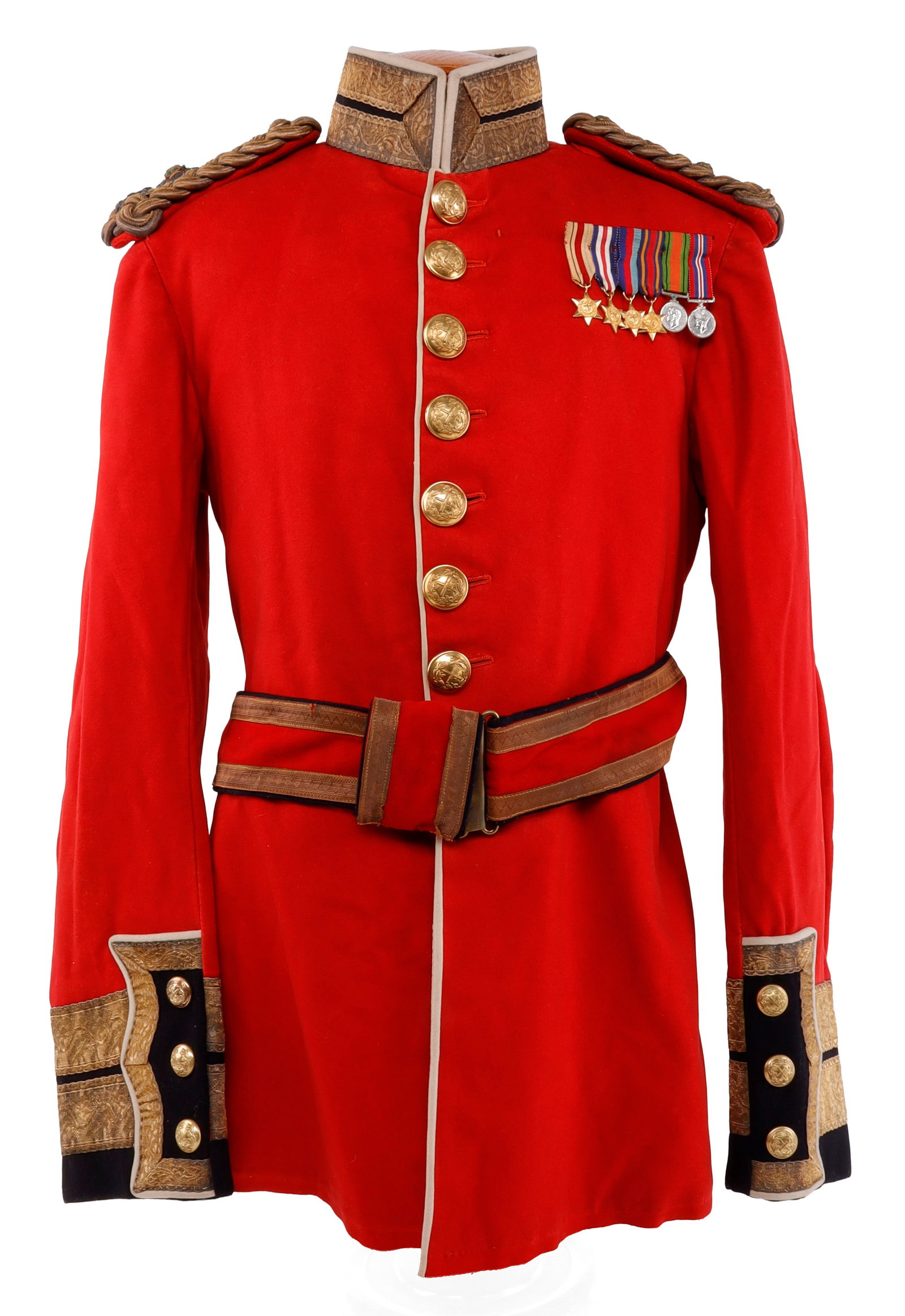 WWII UK BRITISH MAJOR GENERALS DRESS JACKET: A British Major General's dress uniform from the Second World War. Mini medals on chest indicate service in Burma, Africa, and Europe. Shoulder tabs indicate the rank of Major General. The lowest butt