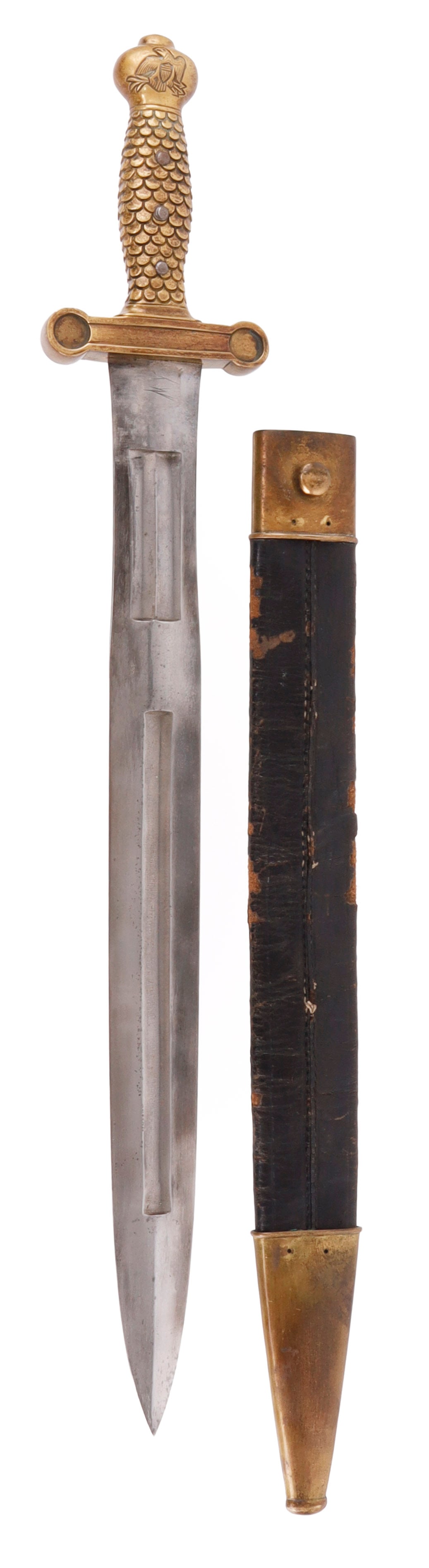 US M1832 FOOT ARTILLERY SWORD WITH SCABBARD: High quality reenactor's piece. Federal eagle on pommel. Leather and brass scabbard. Blade 19.25 inches. Overall 25.25 inches. Good condition. Maker's mark appears to have been filed off.