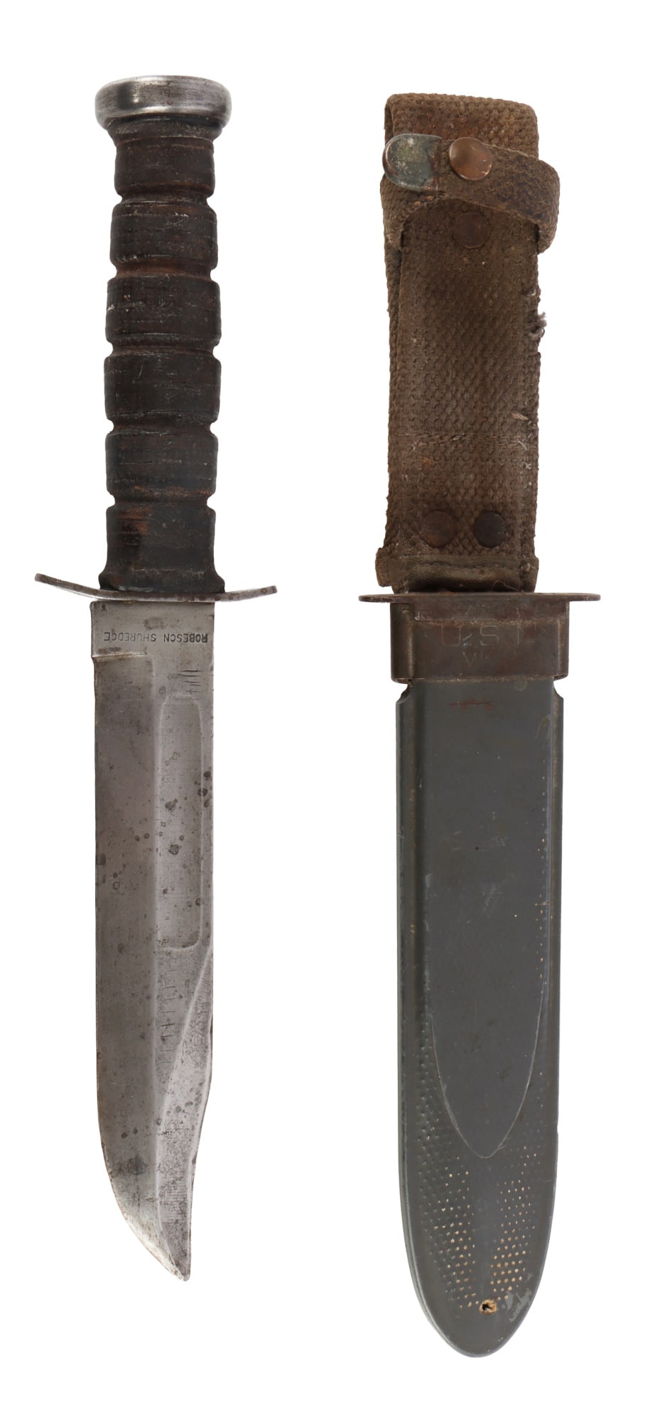 WWII USN MK 2 FIGHTING KNIFE ROBESON SHUREDGE: Ricasso marked "U.S.N. Mark 2" and, on reverse, "Robeson Shuredge." With matching, VP-marked scabbard. Stacked leather grip. Blade length 6-7/8 inches. Very good condition.