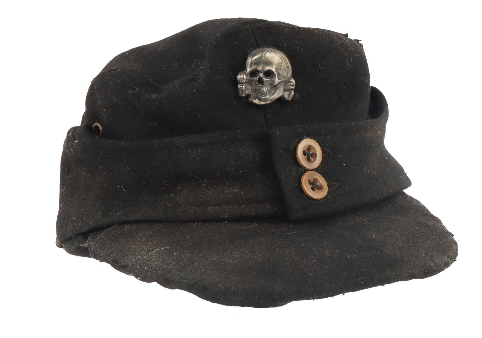WWII GERMAN SS PANZER M43 FIELD CAP WITH TOTENKOPF: Exterior of black wool with celluloid buttons, two brass vent holes and Totenkopf insignia marked "M1/52." Retains ear muff loops. Interior of cotton twill, ink-stamped "Weissbach, Glauchau E.11" and 