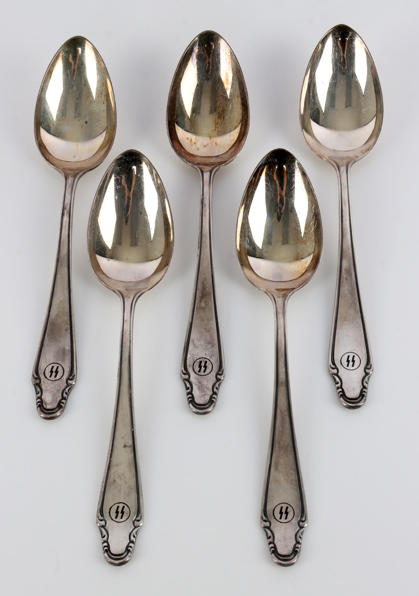 WWII GERMAN THIRD REICH SILVERWARE LOT OF 5: Five spoons from a Waffen-SS canteen. Unauthenticated, sold as is.
