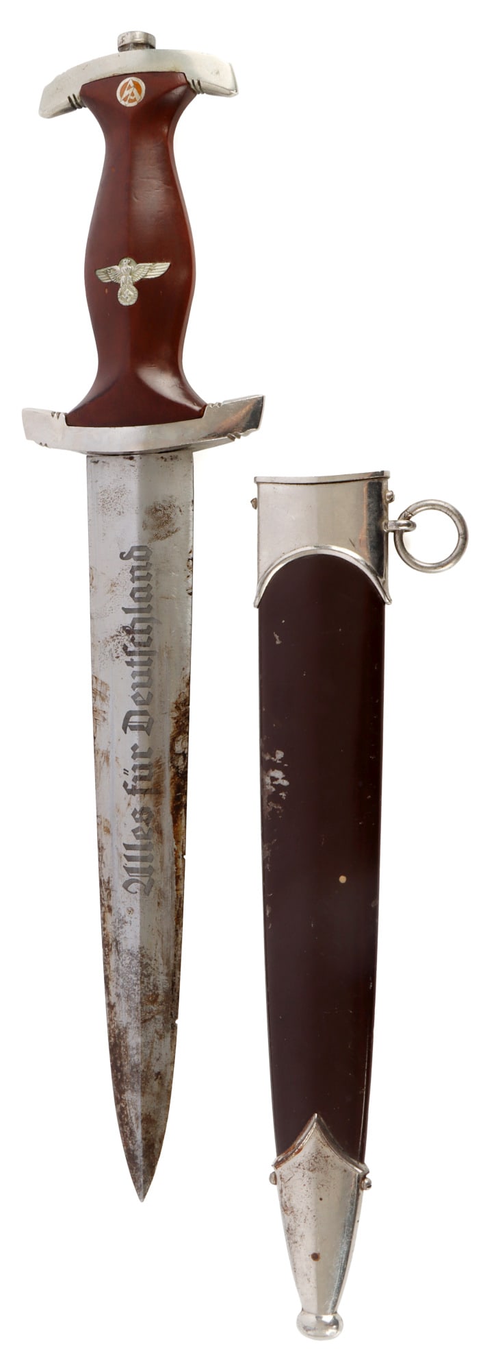 WWII GERMAN NSKK DAGGER WITH SCABBARD JOSEPH HACK: NSKK Model 1933 Honor Dagger with scabbard. Blade etched "ALLES FUR DEUTSCHLAND." Reverse has maker's mark "RZM M 7/103." Tang has "CAH" foundry mark in raised relief. Interior of top and bottom cross