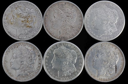 6 MIXED DATE MORGAN SILVER DOLLARS