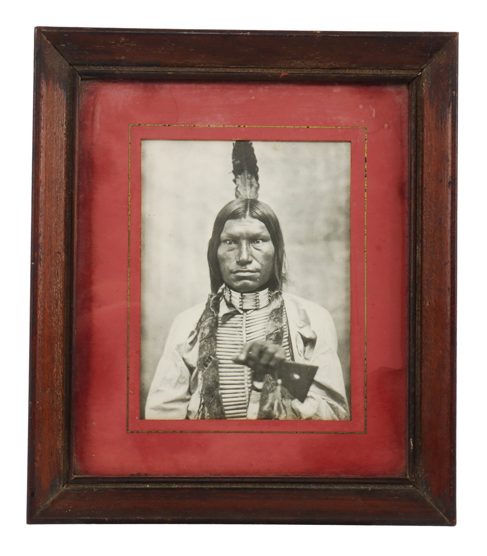 FRAMED CABINET PHOTO OF LAKOTA LEADER LOW DOG: A framed cabinet photo of Lakota leader and Little Big Horn participant, Low Dog. Low Dog's later account of Little Big Horn became one of the major sources for the day's events. 6.1 X 7 inches.