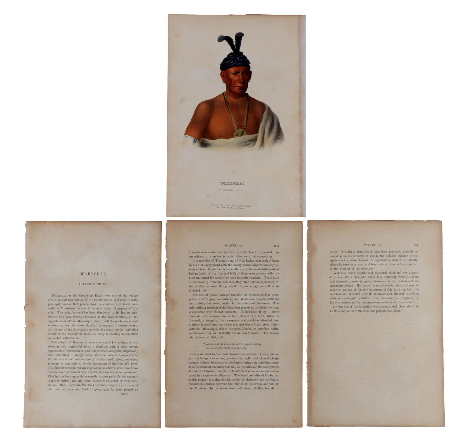 LITHOGRAPHIC DEPICTION OF WAKECHAI: A section of the 'History of the Indian Tribes of North America,' the biographical portion about and lithographic depiction of Wakechai, the Sauk chieftain. 7 X 10.75 inches. Very good. original condi