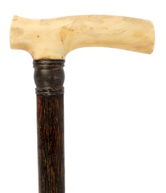 ANTIQUE TUSK GRIP WALKING STICK CANE WOODEN SHAFT