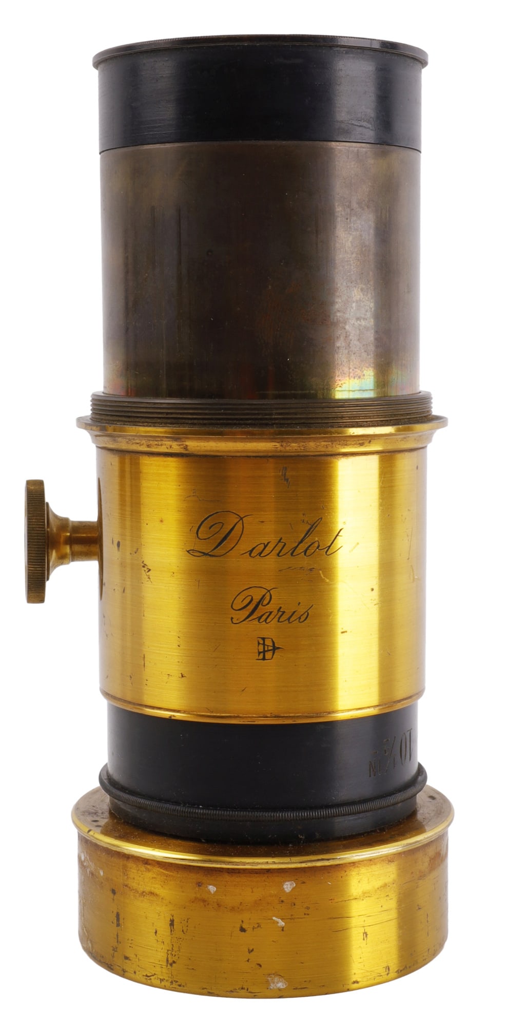DARLOT PARIS ANTIQUE BRASS CAMERA LENS 10-1/2 INCH: Brass Darlot camera lens. Mostly clear lens but needs cleaning.