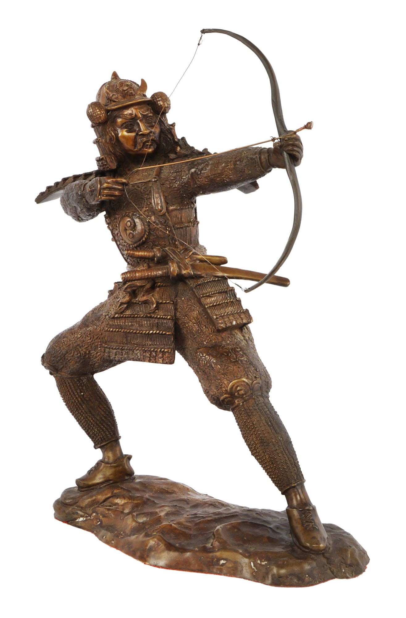 JAPANESE SAMURAI ANTIQUE BRONZE SCULPTURE: Highly detailed bronze sculpture of a samurai bow man. It measures 15 1/2 X 11 inches. No signature.