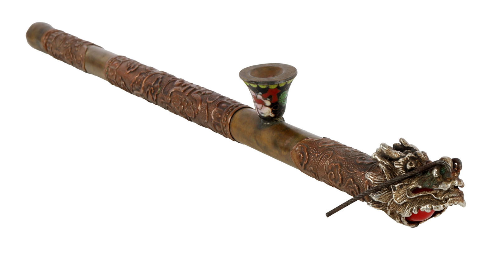 CHINESE BRONZE DRAGON OPIUM PIPE: An opium pipe in the shape of a dragon, with coil spring whiskers. Cloisonne pipe bowl. 19th century. Very good, original condition.