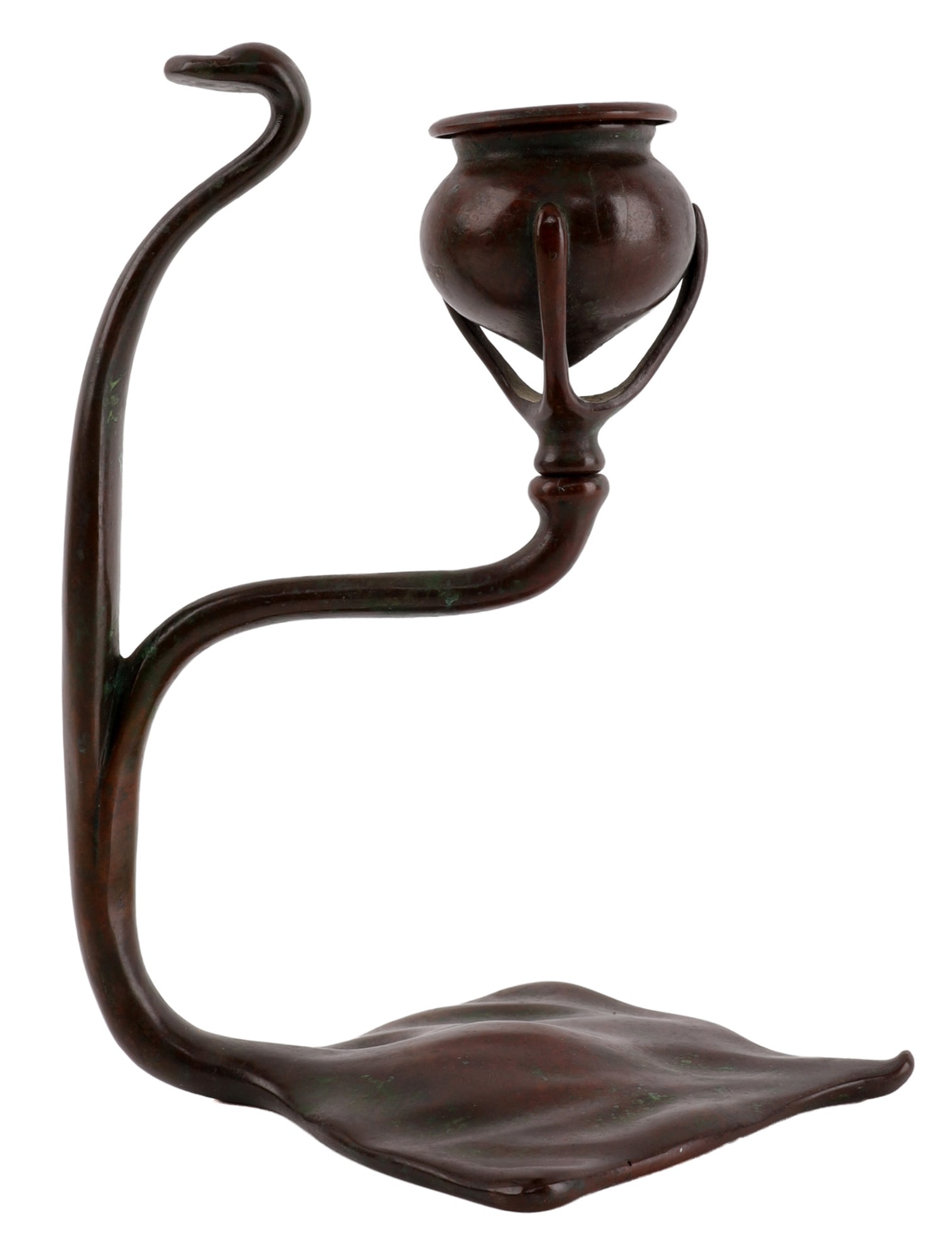 TIFFANY STUDIOS COBRA CANLDESTICK 1203: Tiffany studios #1203 Cobra candlestick. It measures 7.75 X 4 X 6 inches. Impressed "TS" Tiffany Studios New York 1203" underside.