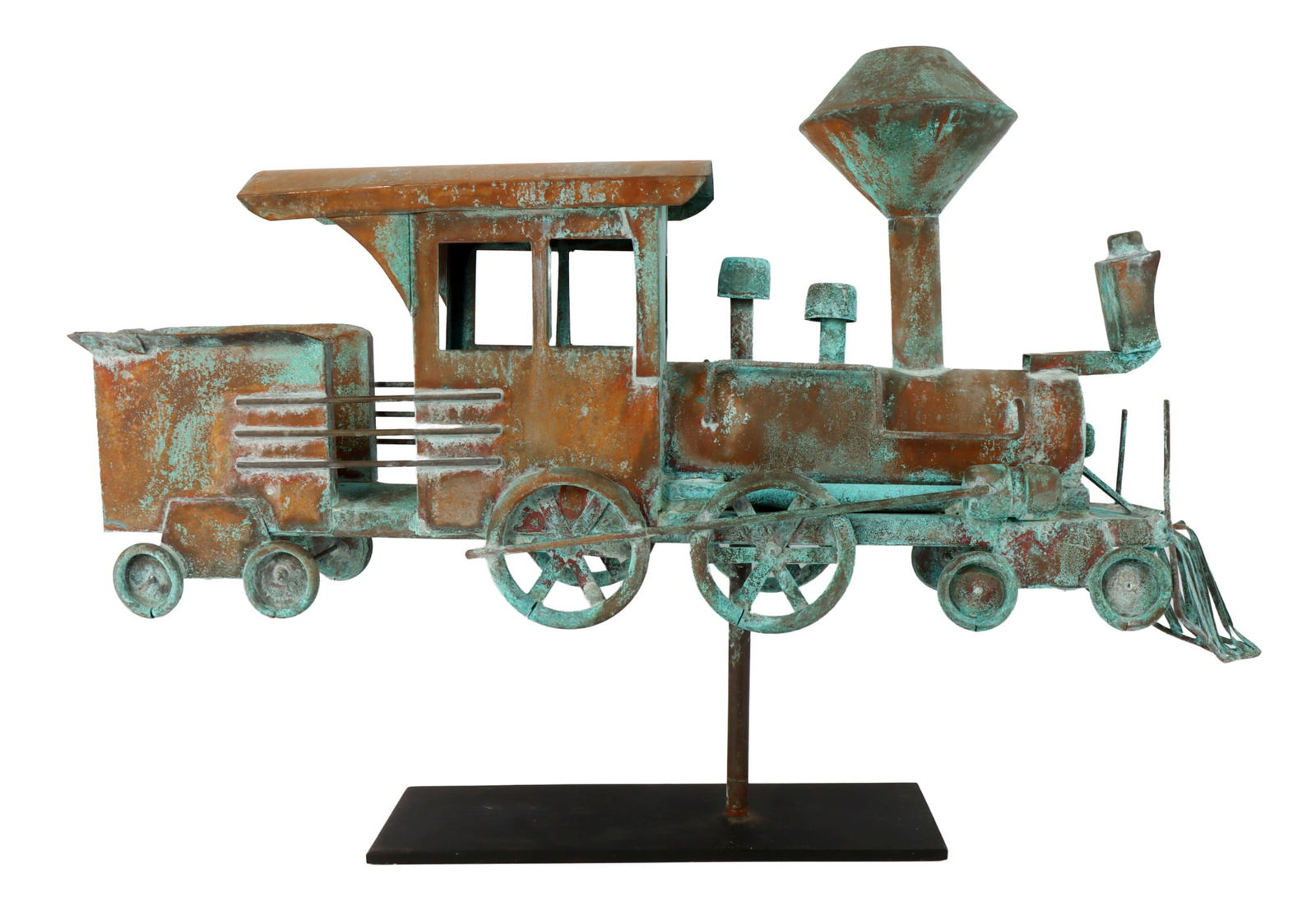 VINTAGE COPPER TRAIN WEATHERVANE: Copper construction sitting on base. Measures 22 X 3.5 inches approximately. Very good condition.