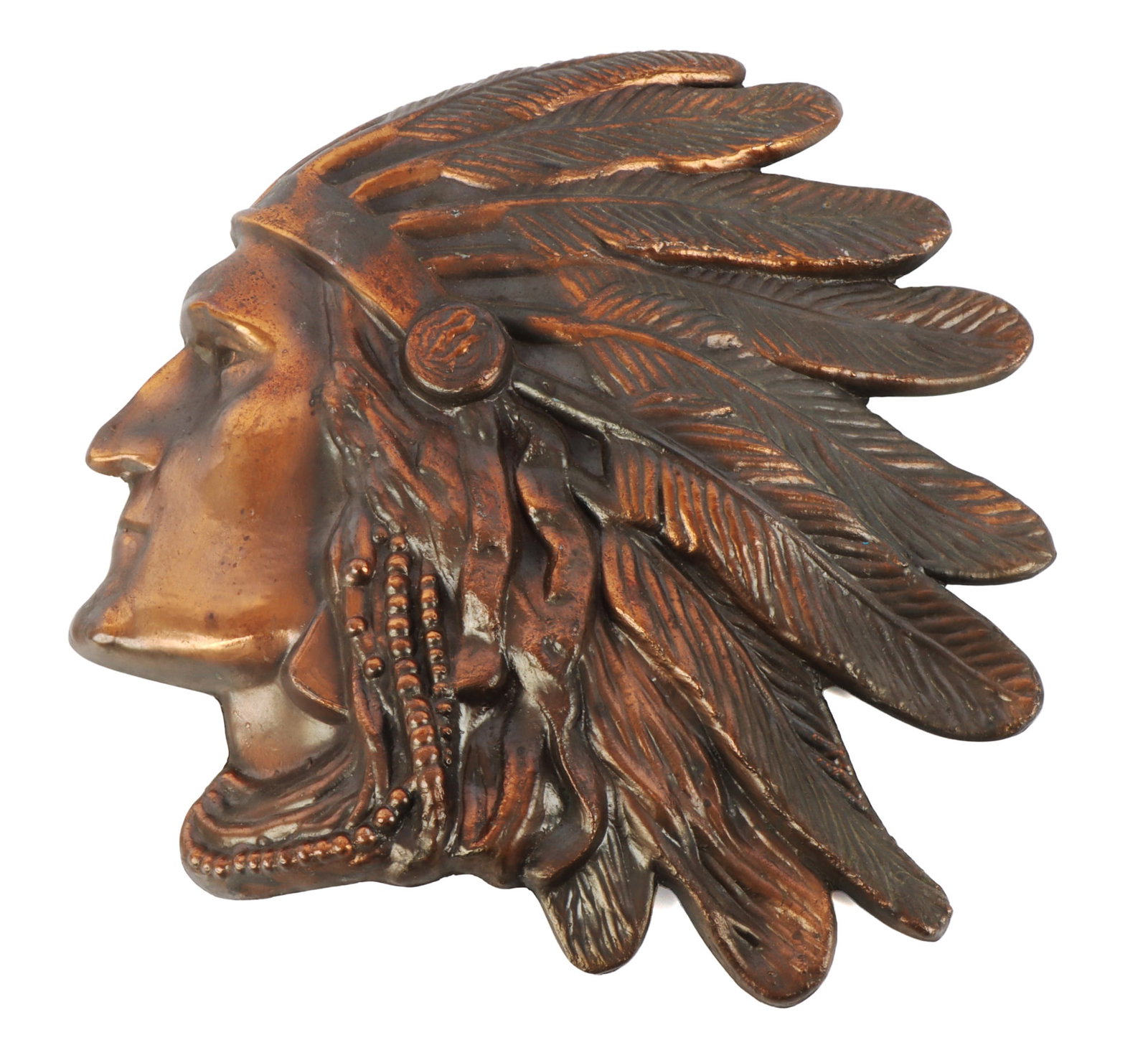 VINTAGE NATIVE AMERICAN BRONZE HEAD DECOR: Possibly a depiction of a Western chief. It measures 15 X 14 inches. Very good condition.