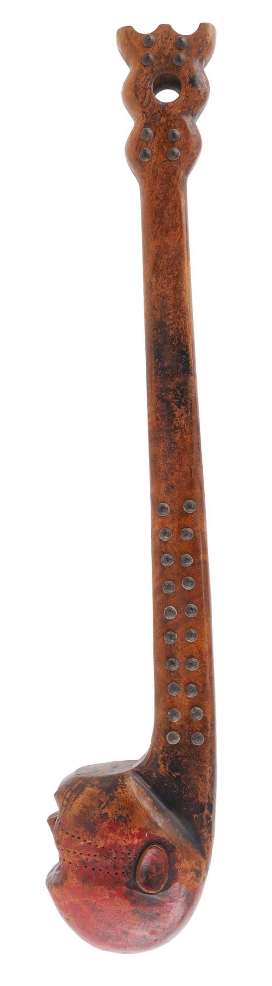 NATIVE AMERICAN APACHE TRADE WAR CLUB FACE: A Native American fur trade war club with an Apache warrior's face on the head. Red and black paint around head, trade tacks along stem. 26.5 inches. Very good, original condition.