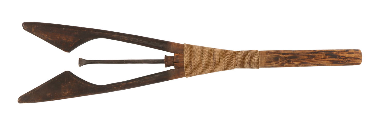 NATIVE AMERICAN PACIFIC NORTHWEST SALMON SPEAR: A Native American salmon spear, most consistent with those produced in the Pacific Northwest. Looseness in the middle prong. 27 inches. Very good, original condition.