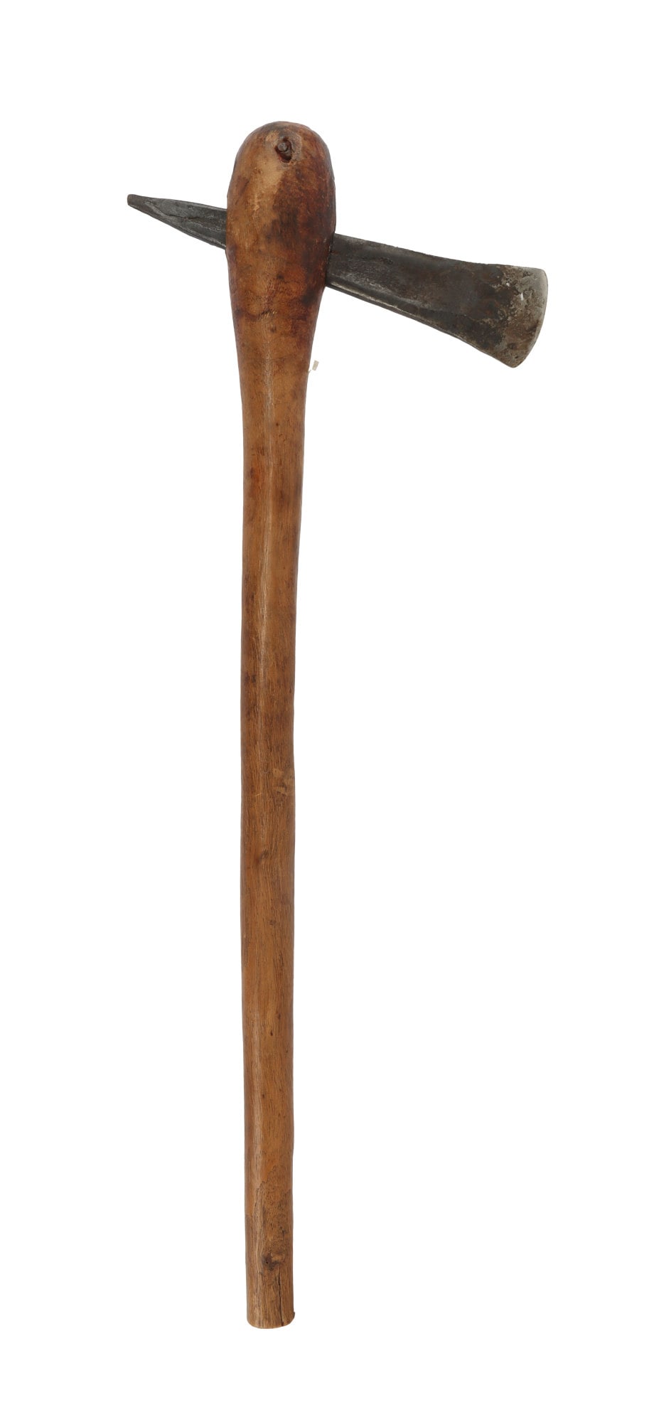 NATIVE AMERICAN PLAINS INDIANS CELTIFORM AXE: A Native American celtiform axe, likely Plains Indians in origin. 27.5 inch shaft, 10 inch head and pick. Very good, original condition.