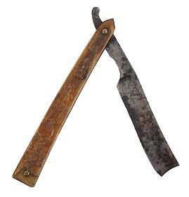 STRAIGHT RAZOR WITH HUNTING SCENE HANDLE: A straight razor with hunting scenes displayed on the handle. Very good, original condition.