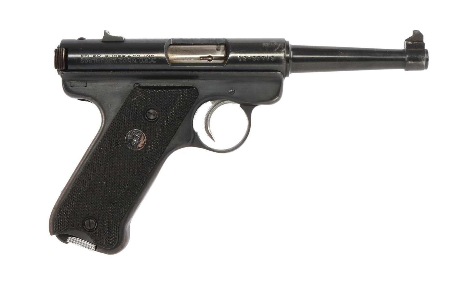 RUGER MARK I .22 LR SEMI AUTO RIMFIRE PISTOL: Ruger Mark I semi-automatic pistol. Very good condition. Some bluing loss. Bright, clear, clean bore. FFL required for transfer. No international shipping. Know your state's firearm laws before biddin