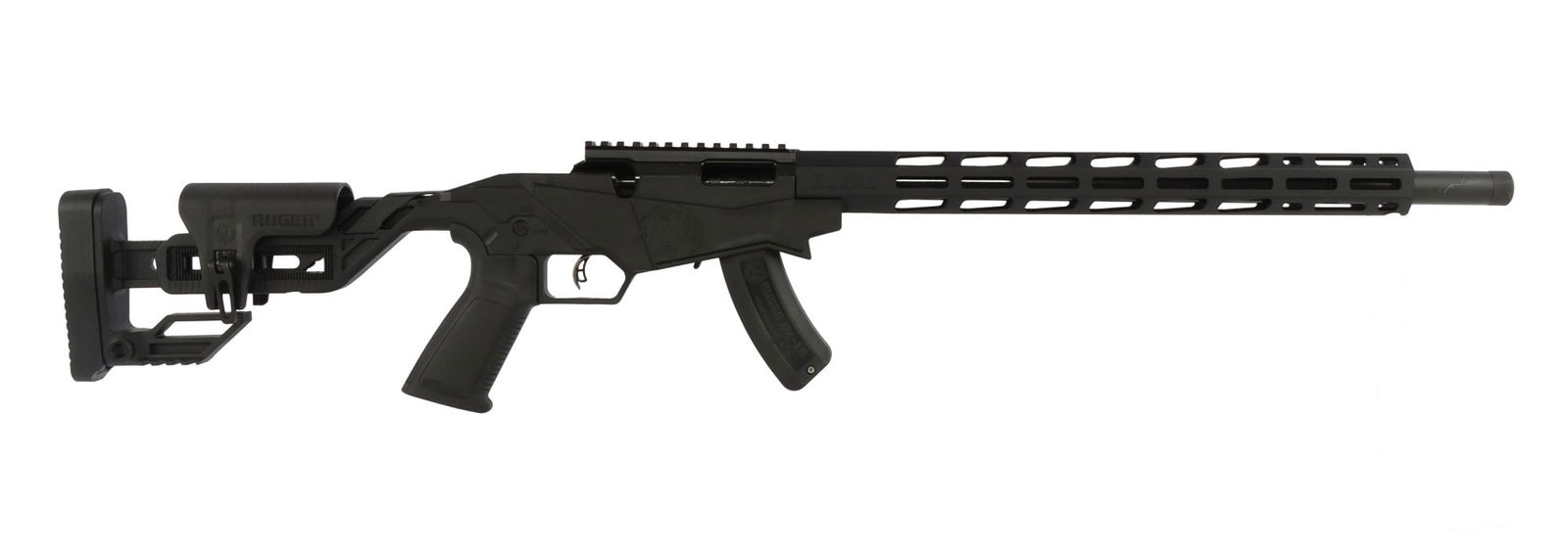 RUGER PRECISION RIMFIRE .22 LR BOLT ACTION RIFLE: New in box Ruger Precision Rimfire bolt-action rifle. Barrel length 18 inches. Bolt throw, trigger, scope base and buttstock are all adjustable. Accepts all 10/22 magazines and includes one (1) 15-rou