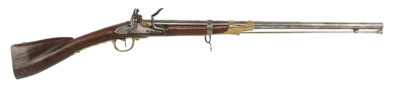 FRENCH FLINTLOCK CAVALRY CARBINE WITH SADDLE RING: Napoleonic Era smoothbore flintlock cavalry carbine, cal .69, with saddle bar & ring. Hardwood half stock and steel ramrod. Lock marked "Mre Libreville." Brass front barrel band, stamped "F&L" and cro