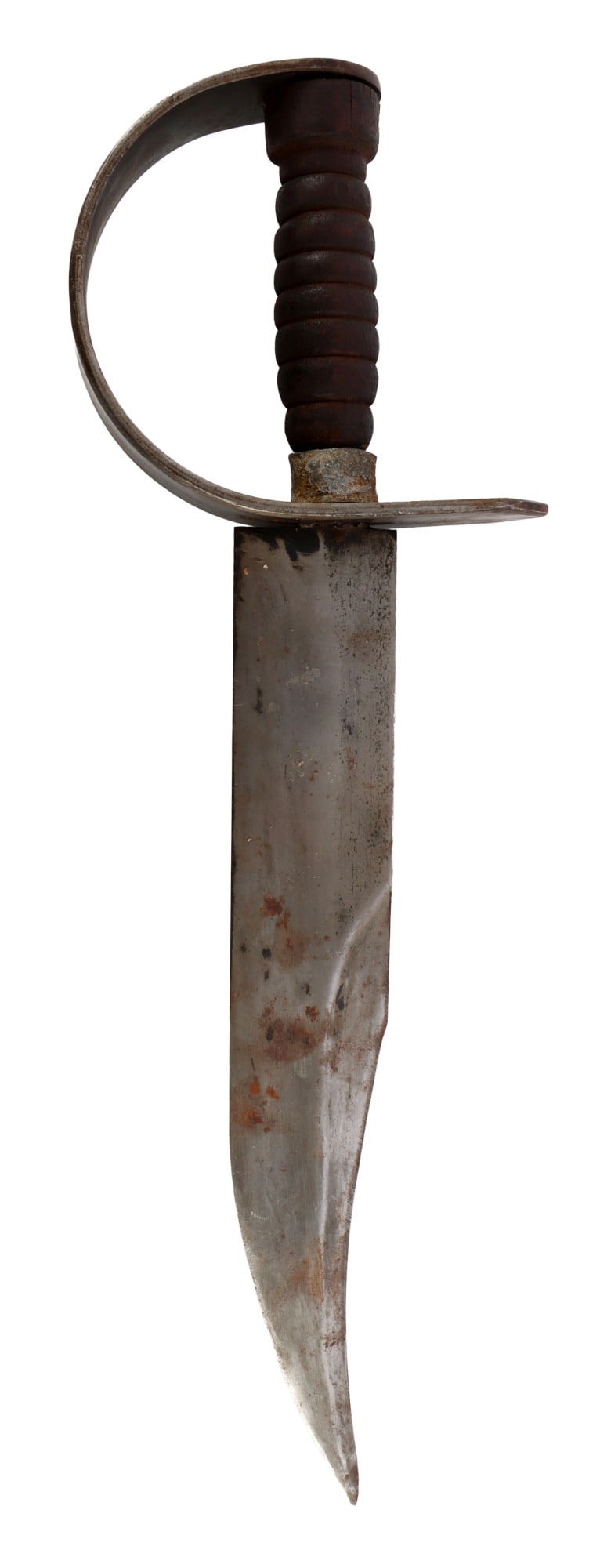 ANTIQUE D GUARD CONFEDERATE BOWIE: In the style of, no clear indication of age aside from patination. No edge. Blade is steel, wood grip, and steel guard. It measures 18 inches with a 2 inch wide blade.