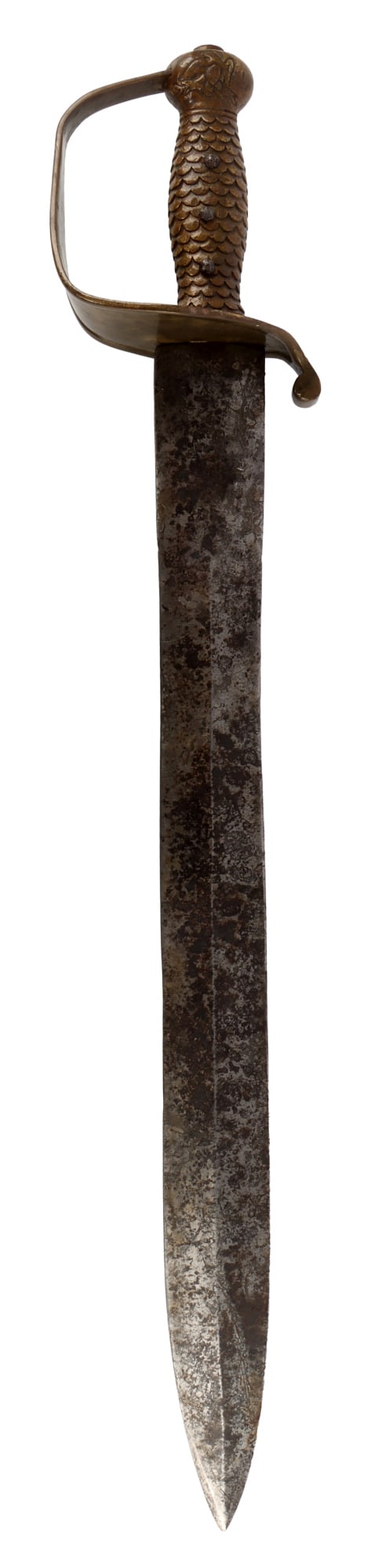 ANTIQUE PRE CIVIL WAR US CUTLASS SWORD: Steel blade with heavy finish loss, brass grip similar to 1832 artillery sword. No maker's marks. Difficult to discern origin. It measures 25 3/8 inches. At one point there was an edge but has since b