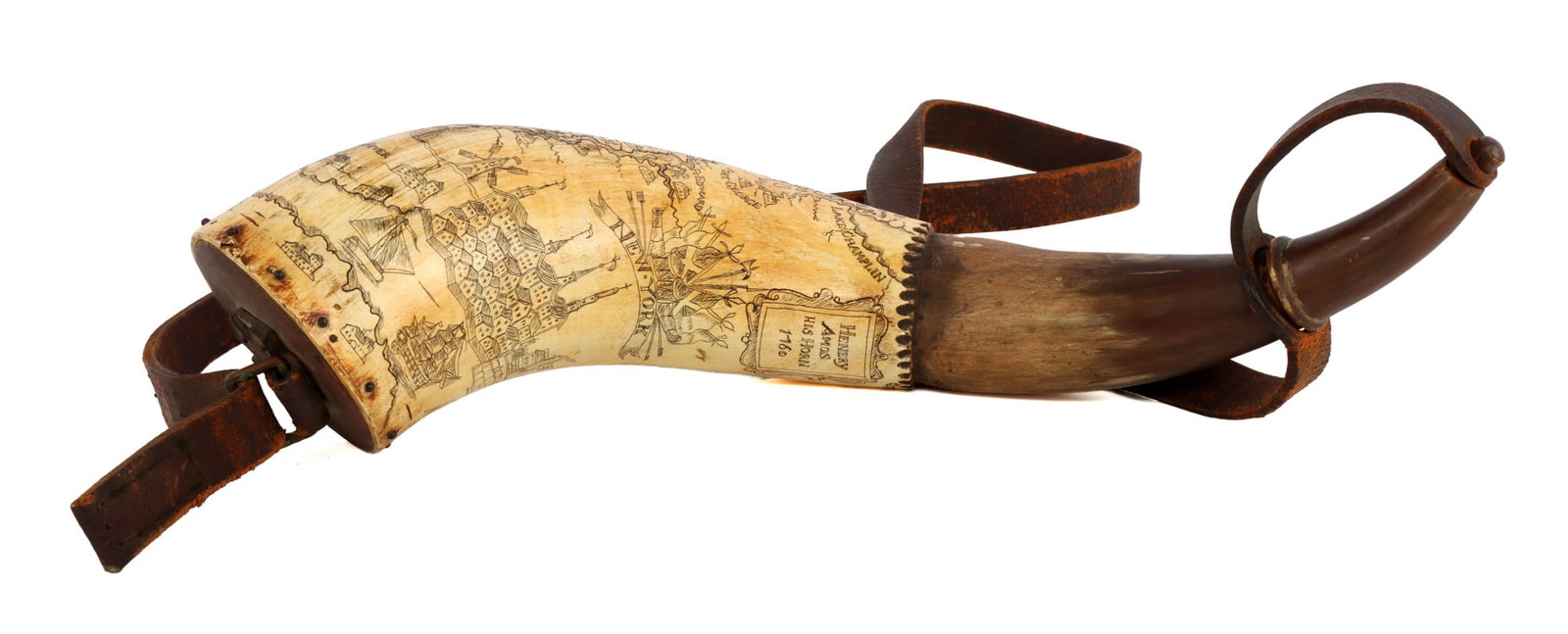 FRENCH & INDIAN WAR NAMED CARVED POWDER HORN: A carved powder horn from the French and Indian War, depicting western New York. The horn is named to 'Henry Amos,' and dated to 1760 by the inscription. This is a nicely etched horn, with strong inde