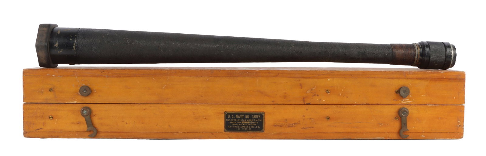 WWII CASED US NAVY MK II 16X SPYGLASS BY HAYWARD: Cased US Navy Mark II 16-power spyglass dated 1943. Case label has "U.S. Navy Bu. Ships, Q.M. Spyglass 16x Mark II Mod. 1, Serial No. 34672 N 1943, Chemical & Mfg. Division, Hayward Lumber & Inv., Co.