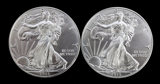 TWO SILVER EAGLES 1 OZT .999 SILVER 2015