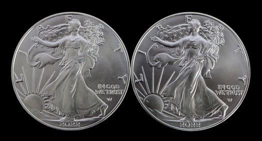 TWO SILVER EAGLES 1 OZT .999 SILVER 2022