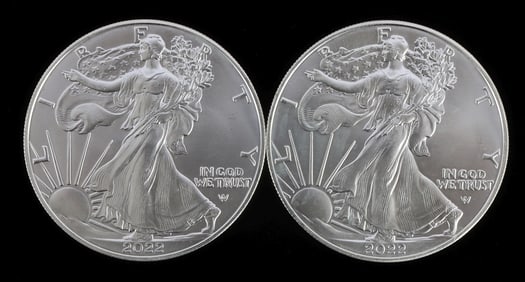 TWO SILVER EAGLES 1 OZT .999 SILVER 2022
