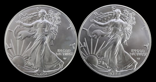 TWO SILVER EAGLES 1 OZT .999 SILVER 2022