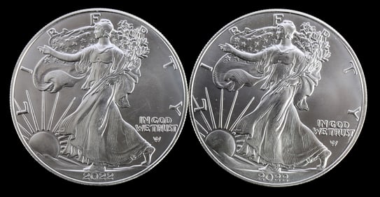 TWO SILVER EAGLES 1 OZT .999 SILVER 2022