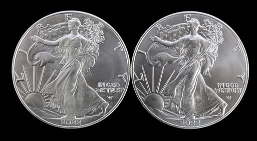 TWO SILVER EAGLES 1 OZT .999 SILVER 2022
