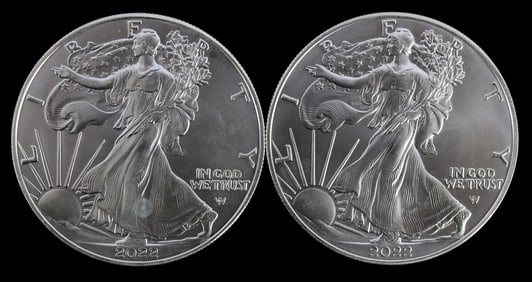 TWO SILVER EAGLES 1 OZT .999 SILVER 2022