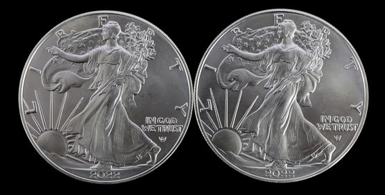 TWO SILVER EAGLES 1 OZT .999 SILVER 2022