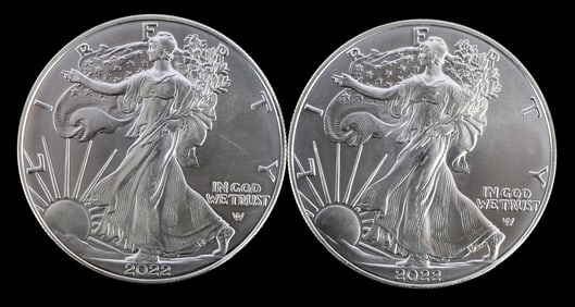 TWO SILVER EAGLES 1 OZT .999 SILVER 2022