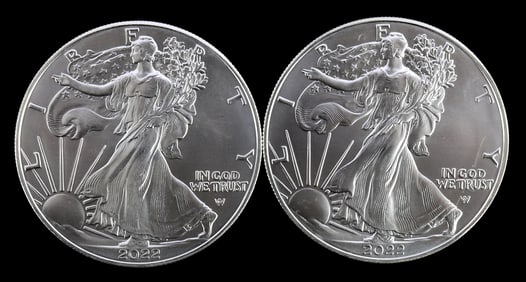 TWO SILVER EAGLES 1 OZT .999 SILVER 2022